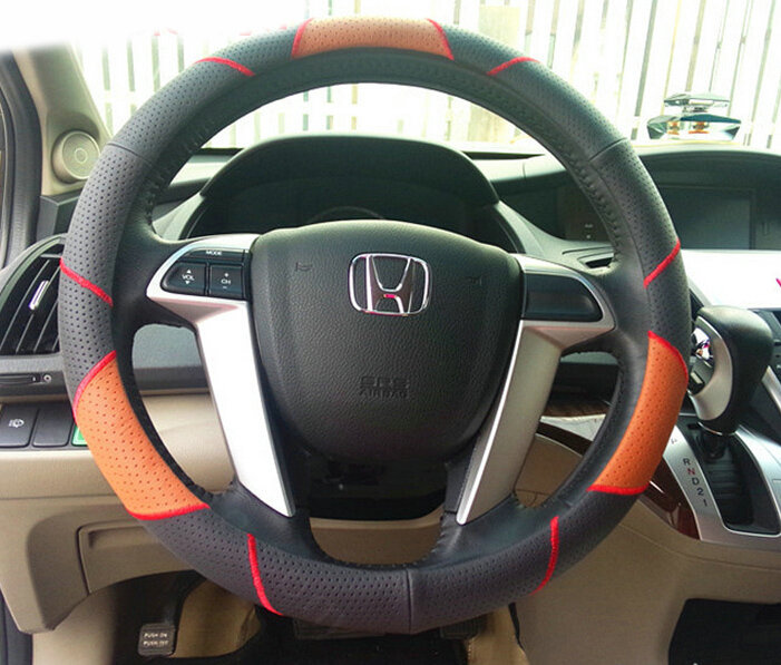 Funky Car Steering Wheel Covers Cow Genuine Leather 15 Inch 38CM - Black Red