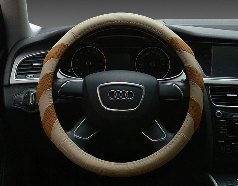 Funky Car Steering Wheel Covers Genuine Leather 15 Inch 38CM - Beige Brown