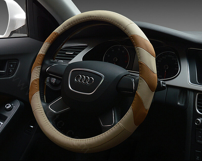 Funky Car Steering Wheel Covers Genuine Leather 15 Inch 38CM - Beige Brown