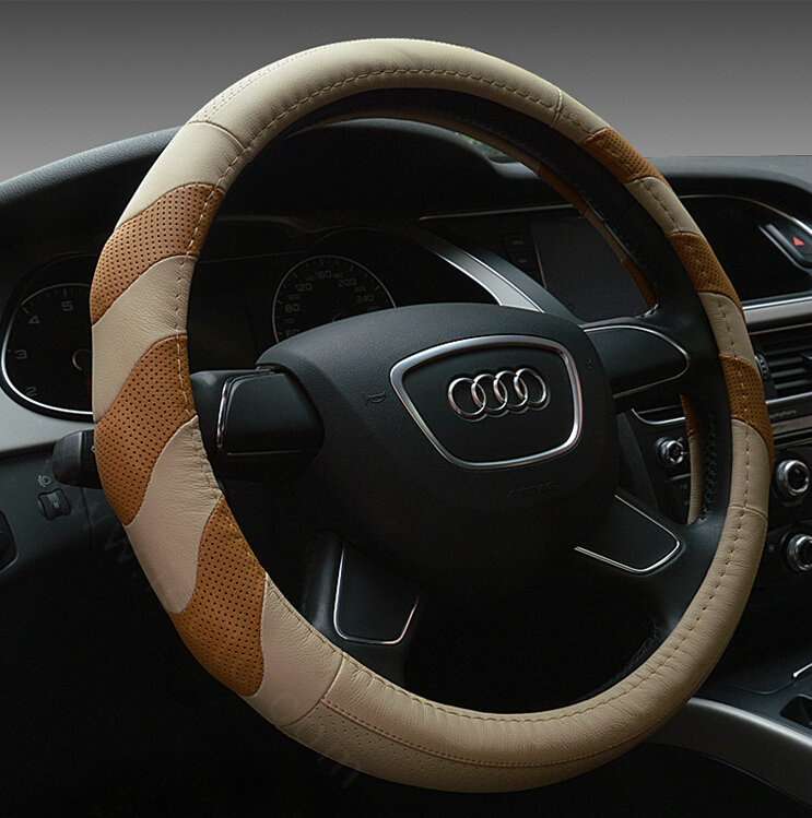 Funky Car Steering Wheel Covers Genuine Leather 15 Inch 38CM - Beige Brown
