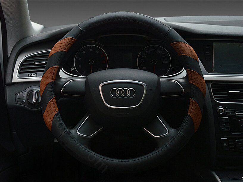 Funky Car Steering Wheel Covers Genuine Leather 15 Inch 38CM - Black Brown