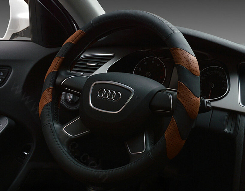 Funky Car Steering Wheel Covers Genuine Leather 15 Inch 38CM - Black Brown