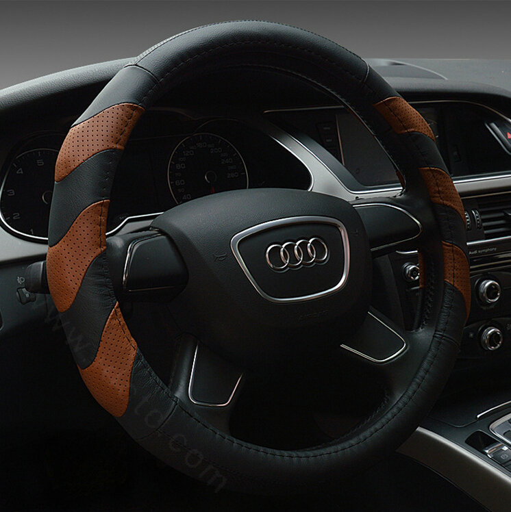 Funky Car Steering Wheel Covers Genuine Leather 15 Inch 38CM - Black Brown