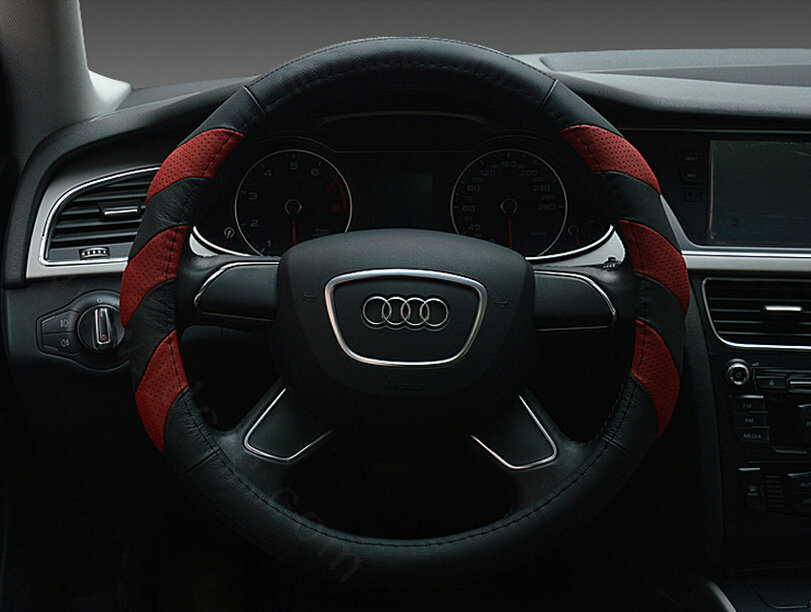 Funky Car Steering Wheel Covers Genuine Leather 15 Inch 38CM - Black Red