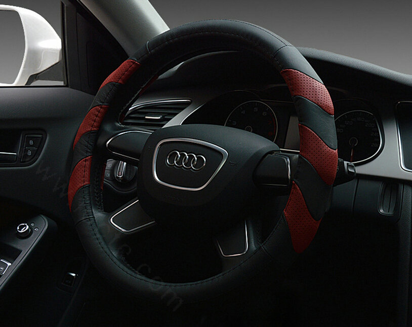 Funky Car Steering Wheel Covers Genuine Leather 15 Inch 38CM - Black Red