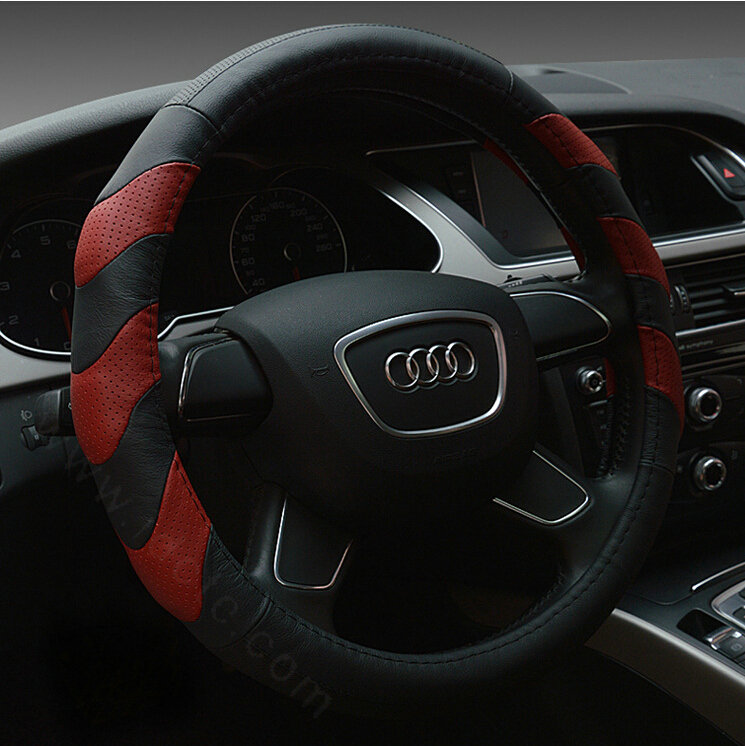 Funky Car Steering Wheel Covers Genuine Leather 15 Inch 38CM - Black Red