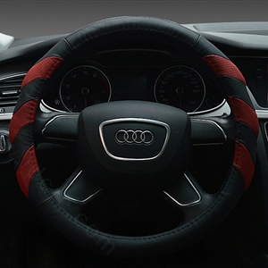 Funky Car Steering Wheel Covers Genuine Leather 15 Inch 38CM - Black Red