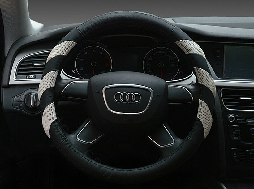 Funky Car Steering Wheel Covers Genuine Leather 15 Inch 38CM - Black White