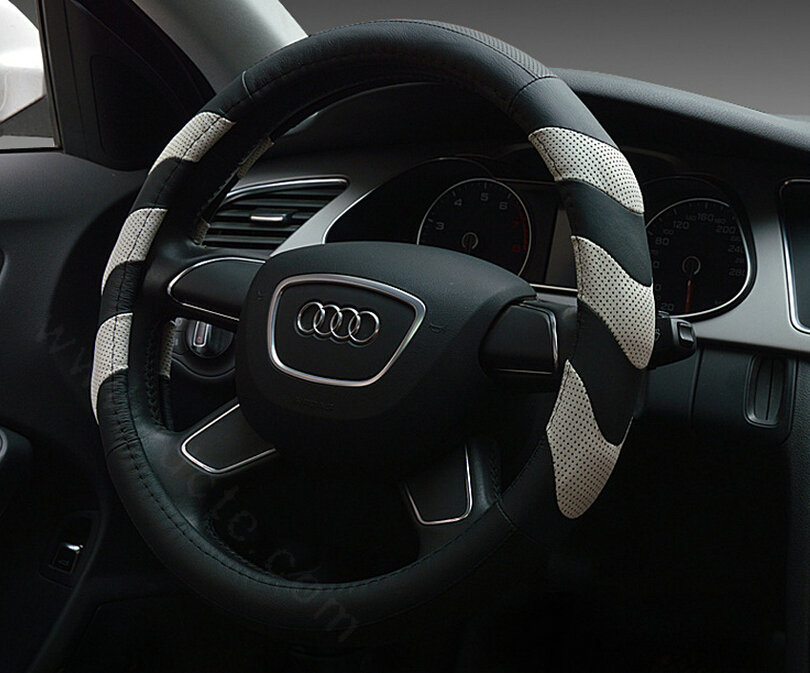 Funky Car Steering Wheel Covers Genuine Leather 15 Inch 38CM - Black White