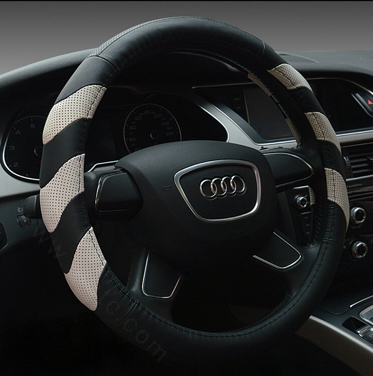 Funky Car Steering Wheel Covers Genuine Leather 15 Inch 38CM - Black White