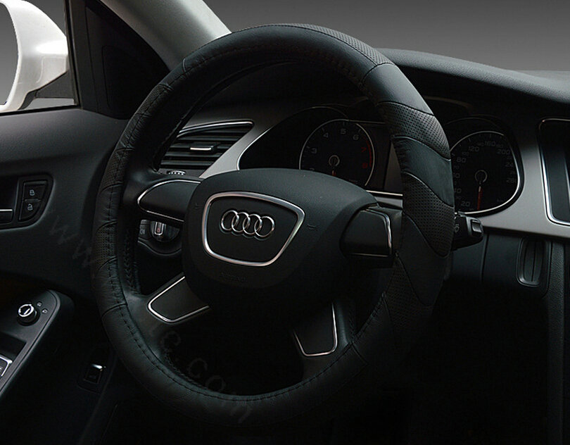 Funky Car Steering Wheel Covers Genuine Leather 15 Inch 38CM - Black