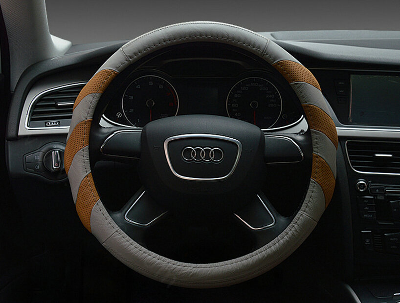 Funky Car Steering Wheel Covers Genuine Leather 15 Inch 38CM - Grey Brown