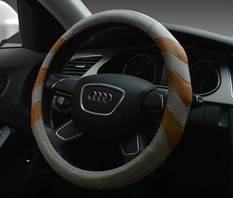 Funky Car Steering Wheel Covers Genuine Leather 15 Inch 38CM - Grey Brown