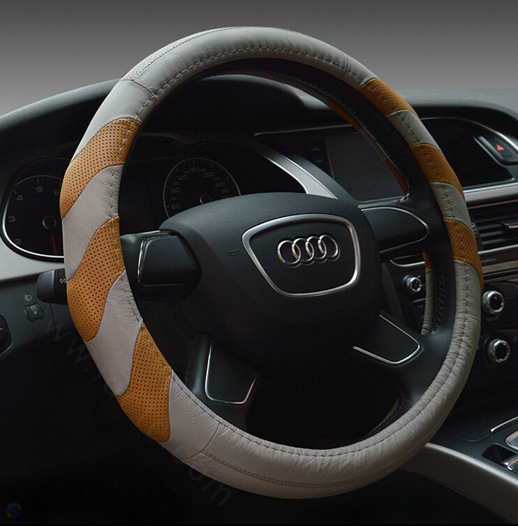 Funky Car Steering Wheel Covers Genuine Leather 15 Inch 38CM - Grey Brown