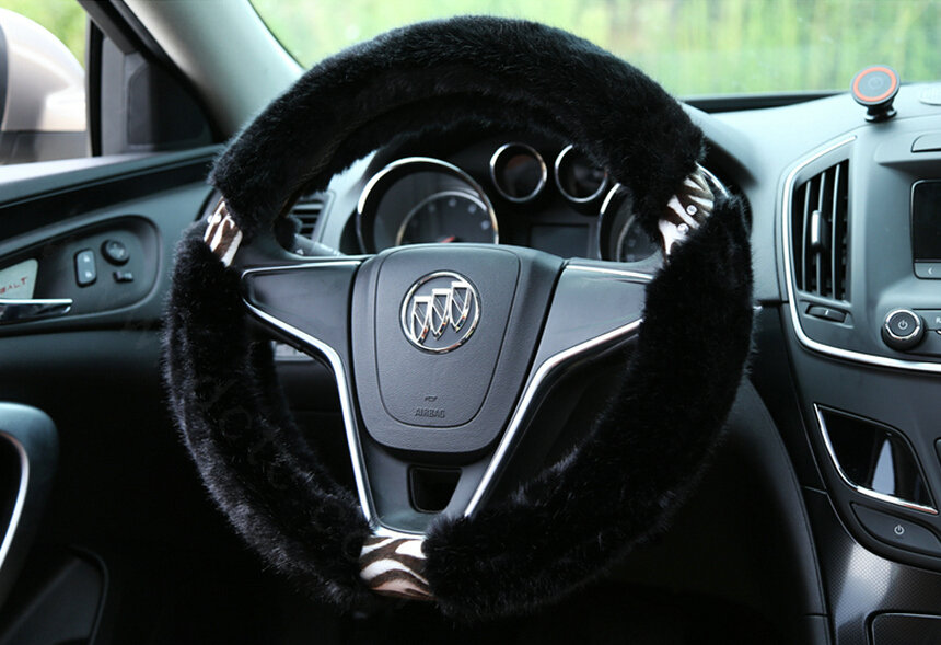 Funky Leopard Print Auto Steering Wheel Wrap Velvet 15 Inch 38CM - Black