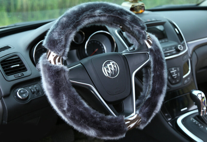 Funky Leopard Print Auto Steering Wheel Wrap Velvet 15 Inch 38CM - Grey
