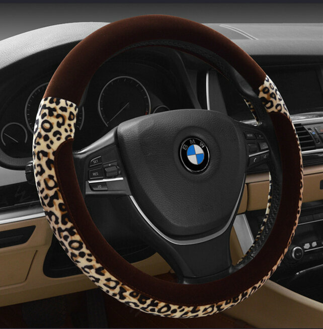 Funky Leopard Print Car Steering Wheel Wrap Velvet 15 Inch 38CM - Brown