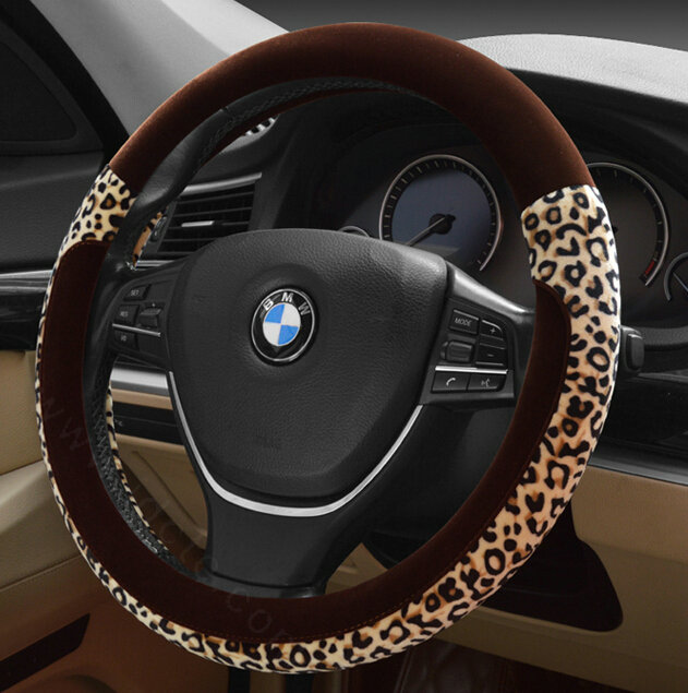 Funky Leopard Print Car Steering Wheel Wrap Velvet 15 Inch 38CM - Brown