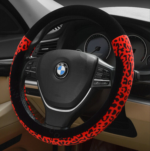 Funky Leopard Print Car Steering Wheel Wrap Velvet 15 Inch 38CM - Red