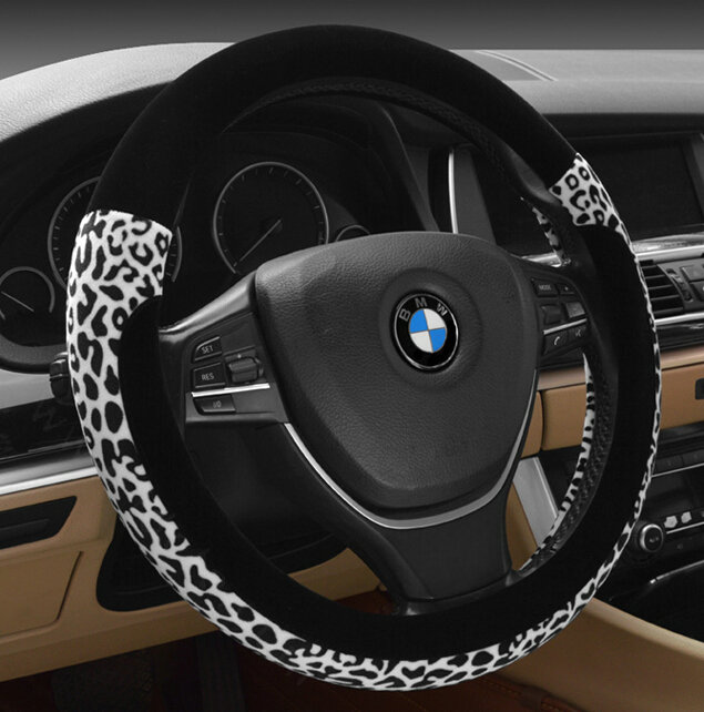Funky Leopard Print Car Steering Wheel Wrap Velvet 15 Inch 38CM - White