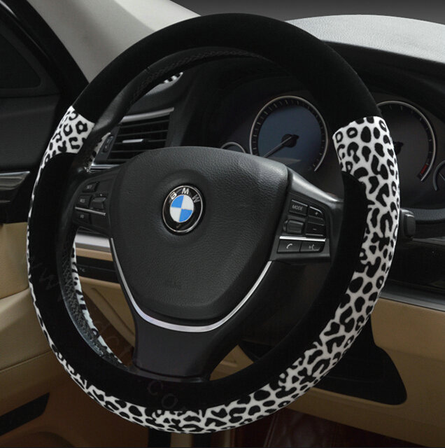 Funky Leopard Print Car Steering Wheel Wrap Velvet 15 Inch 38CM - White