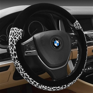 Funky Leopard Print Car Steering Wheel Wrap Velvet 15 Inch 38CM - White
