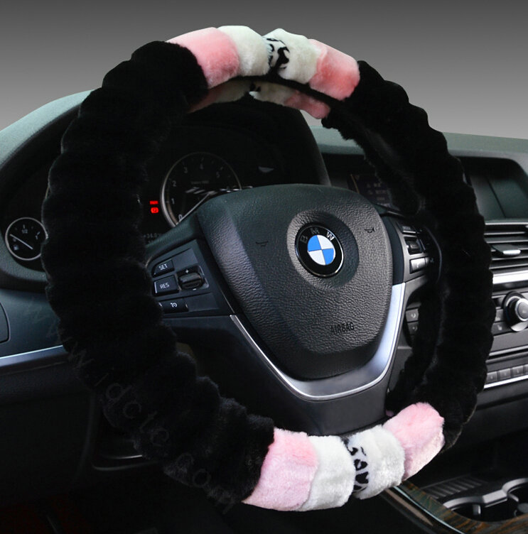 Fuzzy Leopard Print Auto Steering Wheel Wrap Velvet 15 Inch 38CM - Black Pink