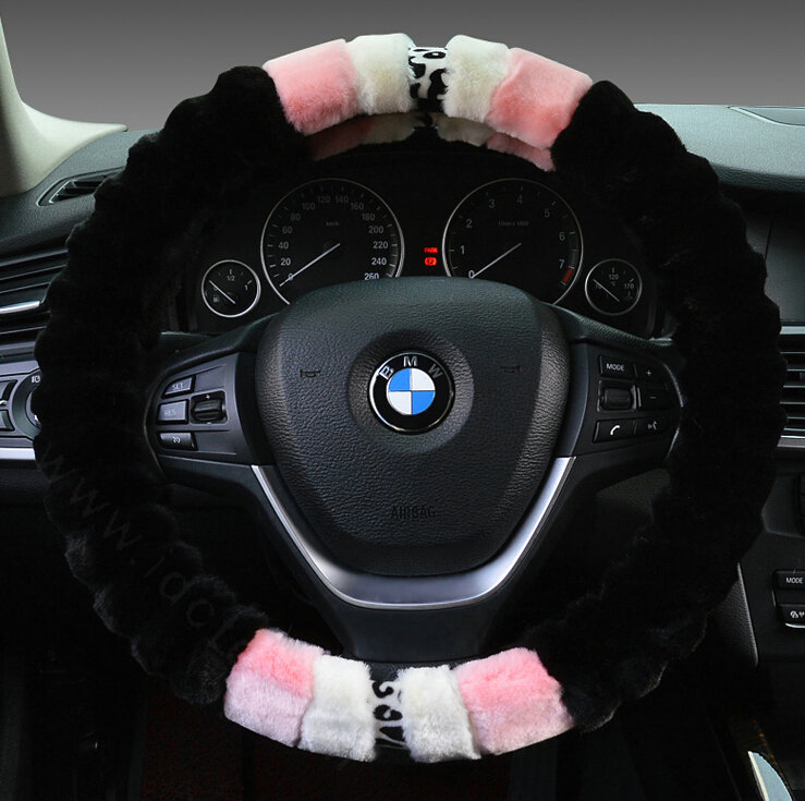 Fuzzy Leopard Print Auto Steering Wheel Wrap Velvet 15 Inch 38CM - Black Pink