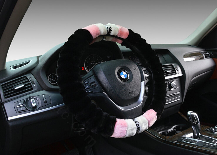 Fuzzy Leopard Print Auto Steering Wheel Wrap Velvet 15 Inch 38CM - Black Pink