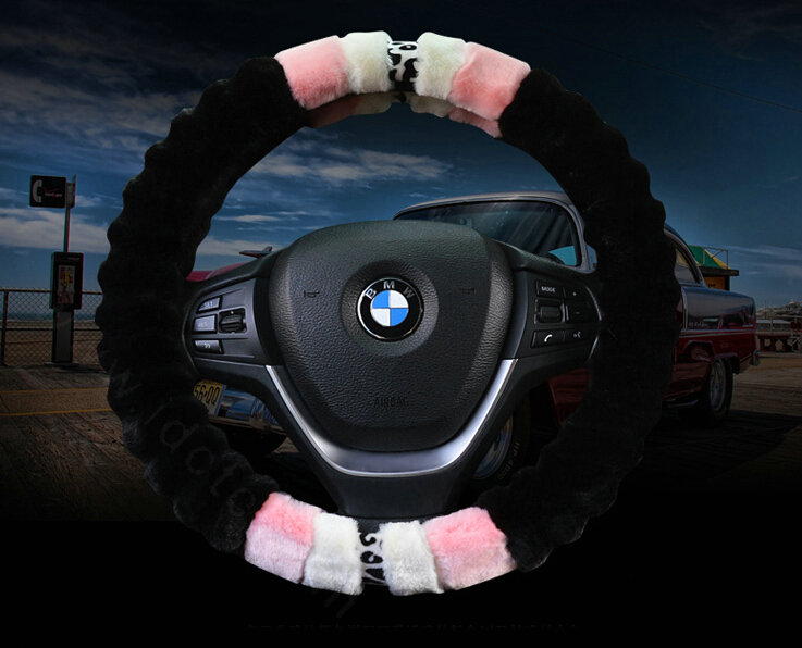 Fuzzy Leopard Print Auto Steering Wheel Wrap Velvet 15 Inch 38CM - Black Pink