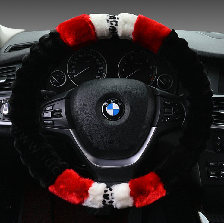 Fuzzy Leopard Print Auto Steering Wheel Wrap Velvet 15 Inch 38CM - Black Red