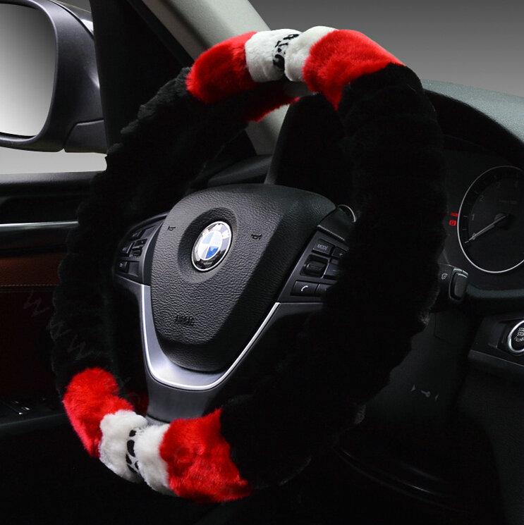 Fuzzy Leopard Print Auto Steering Wheel Wrap Velvet 15 Inch 38CM - Black Red