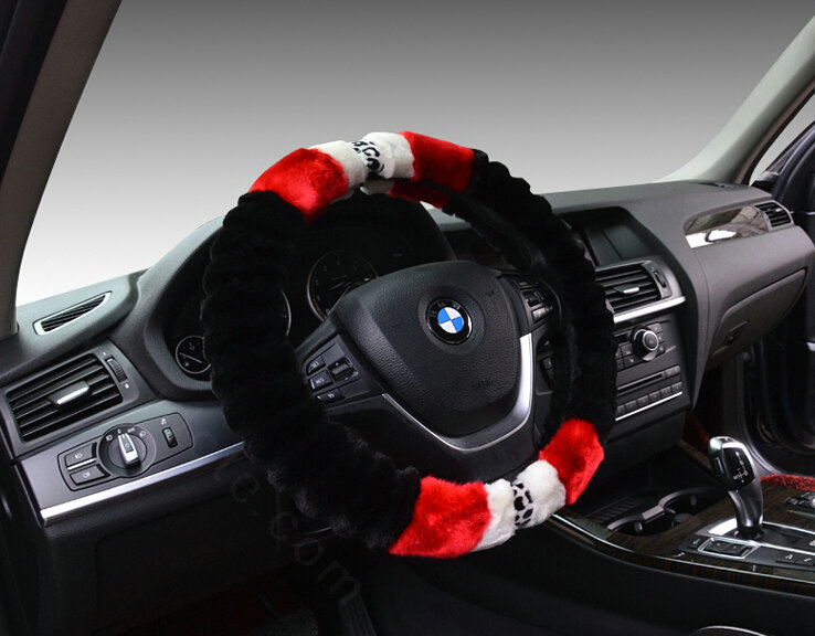 Fuzzy Leopard Print Auto Steering Wheel Wrap Velvet 15 Inch 38CM - Black Red