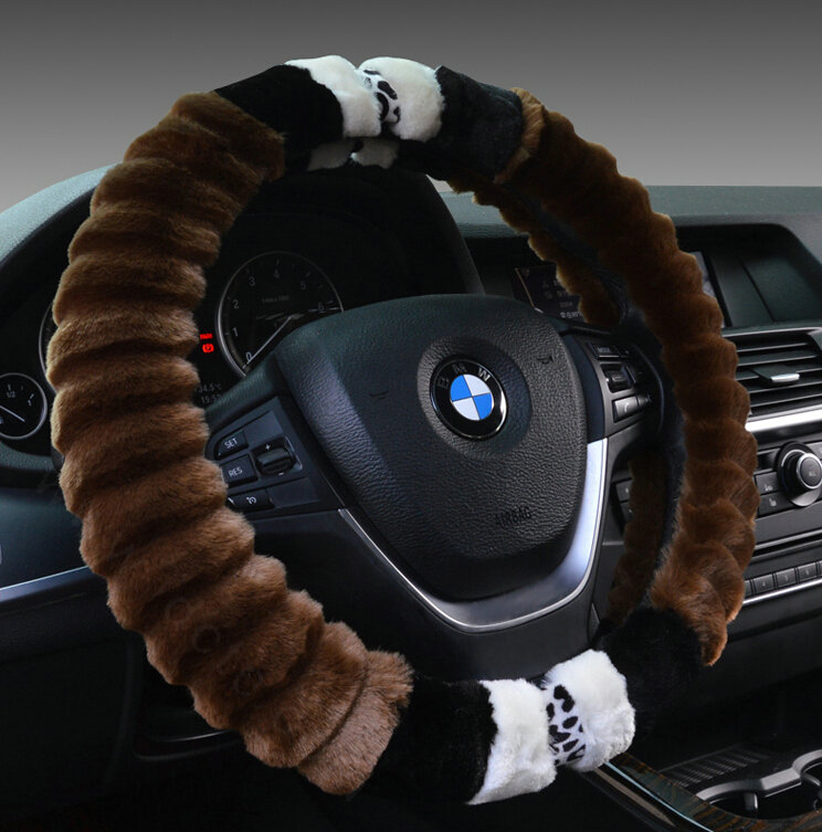 Fuzzy Leopard Print Auto Steering Wheel Wrap Velvet 15 Inch 38CM - Brown