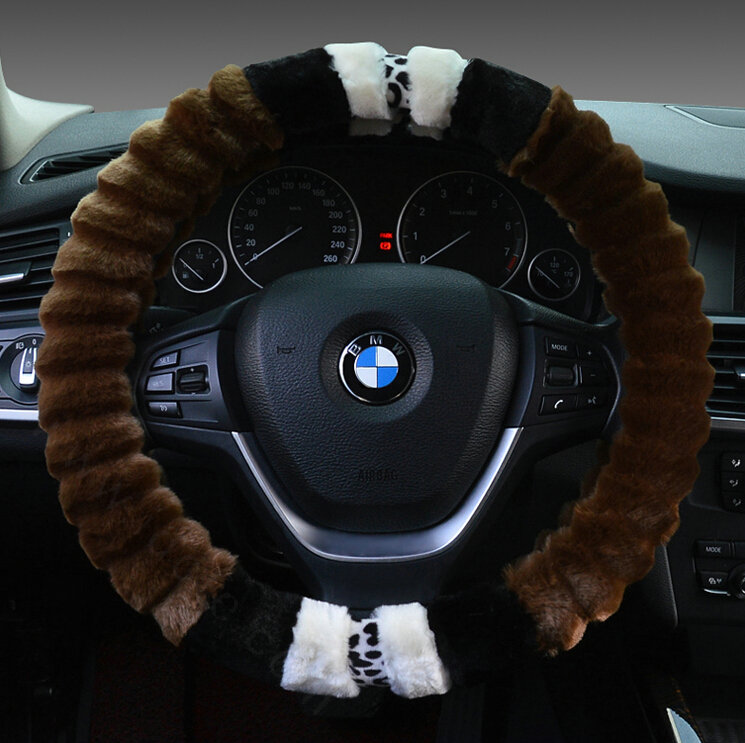 Fuzzy Leopard Print Auto Steering Wheel Wrap Velvet 15 Inch 38CM - Brown