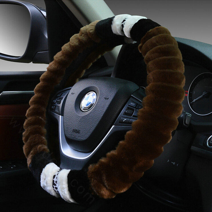 Fuzzy Leopard Print Auto Steering Wheel Wrap Velvet 15 Inch 38CM - Brown