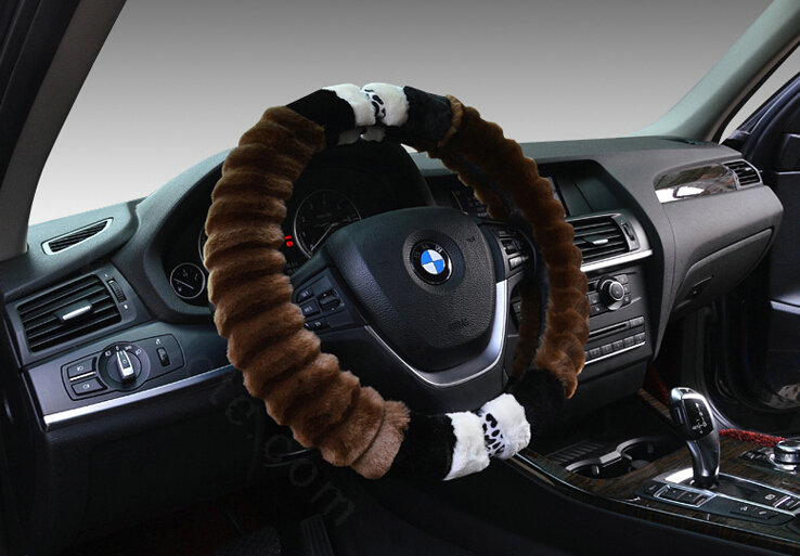 Fuzzy Leopard Print Auto Steering Wheel Wrap Velvet 15 Inch 38CM - Brown