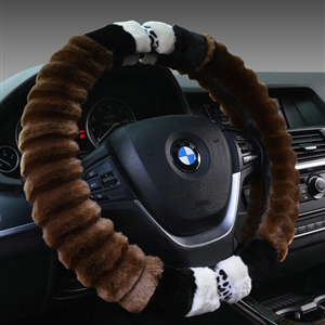 Fuzzy Leopard Print Auto Steering Wheel Wrap Velvet 15 Inch 38CM - Brown