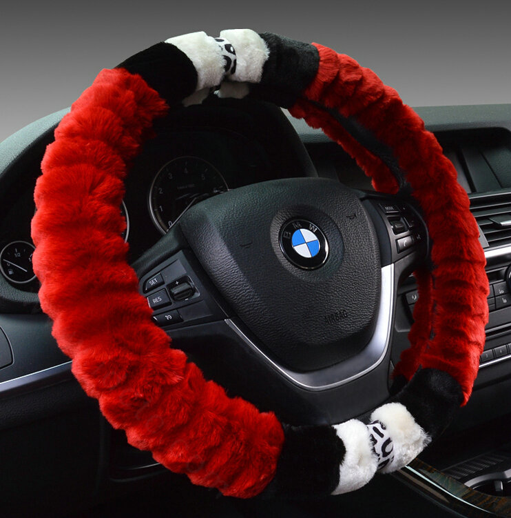Fuzzy Leopard Print Auto Steering Wheel Wrap Velvet 15 Inch 38CM - Red