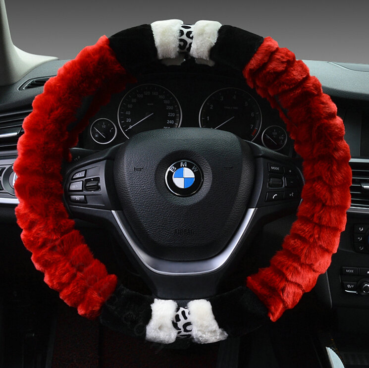 Fuzzy Leopard Print Auto Steering Wheel Wrap Velvet 15 Inch 38CM - Red