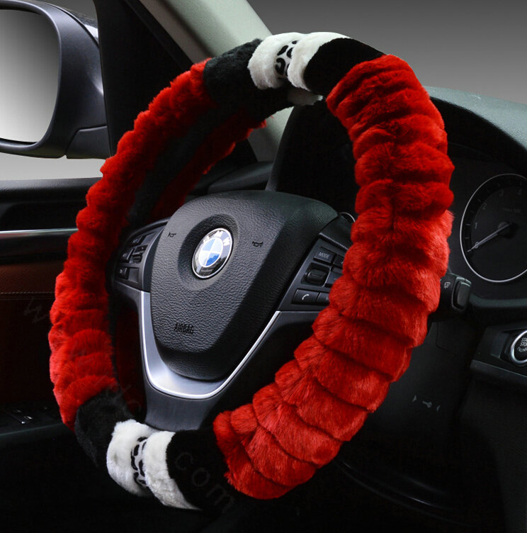 Fuzzy Leopard Print Auto Steering Wheel Wrap Velvet 15 Inch 38CM - Red