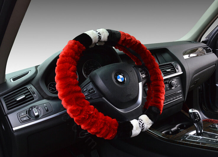 Fuzzy Leopard Print Auto Steering Wheel Wrap Velvet 15 Inch 38CM - Red