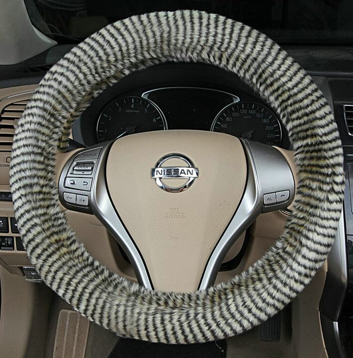 Fuzzy Zebra Print Car Steering Wheel Wrap Velvet 15 Inch 38CM - Black Green