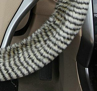Fuzzy Zebra Print Car Steering Wheel Wrap Velvet 15 Inch 38CM - Black Green