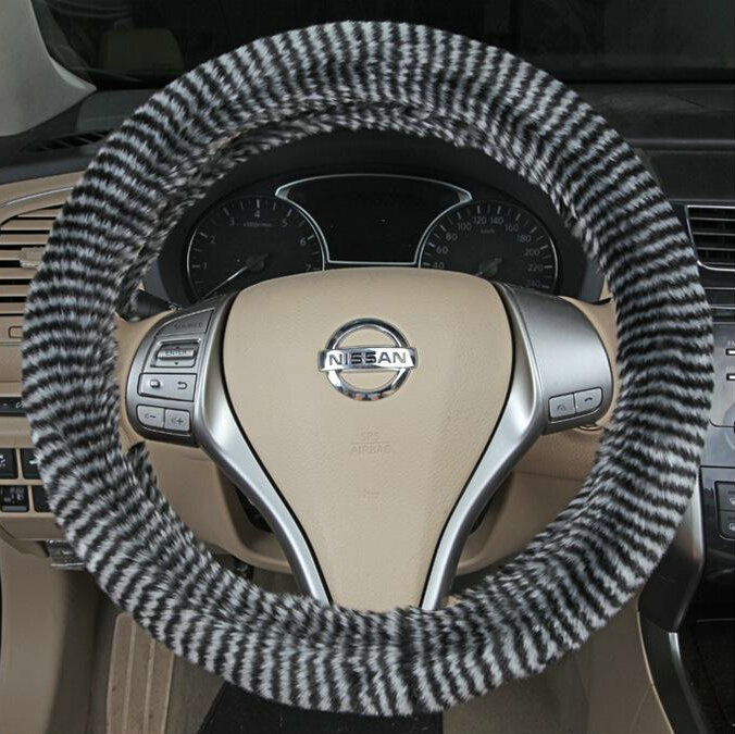 Fuzzy Zebra Print Car Steering Wheel Wrap Velvet 15 Inch 38CM - Black Grey