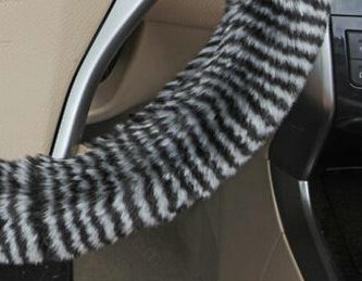 Fuzzy Zebra Print Car Steering Wheel Wrap Velvet 15 Inch 38CM - Black Grey