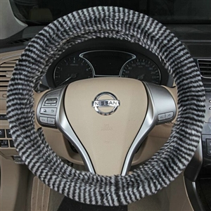 Fuzzy Zebra Print Car Steering Wheel Wrap Velvet 15 Inch 38CM - Black Grey