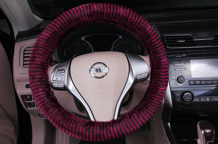 Fuzzy Zebra Print Car Steering Wheel Wrap Velvet 15 Inch 38CM - Black Purple