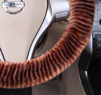 Fuzzy Zebra Print Car Steering Wheel Wrap Velvet 15 Inch 38CM - Coffee