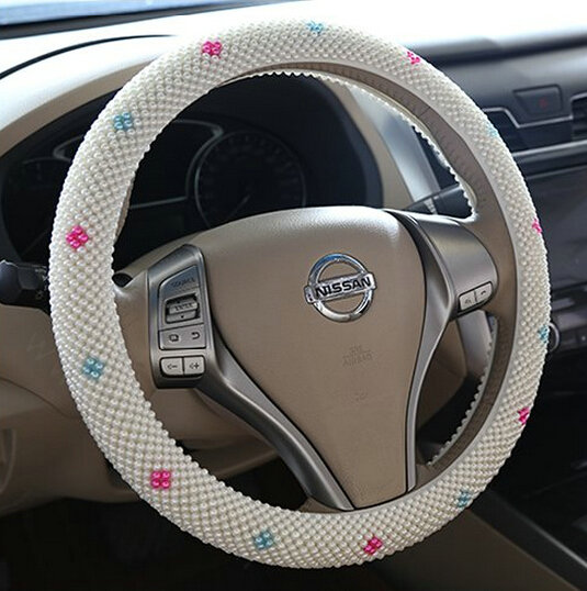 High Quality Beaded Car Steering Wheel Wrap 15 Inch 38CM - White